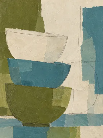 Three stacked bowls drawn as flat shapes in olive, cream, blue, sage; portrait artwork.