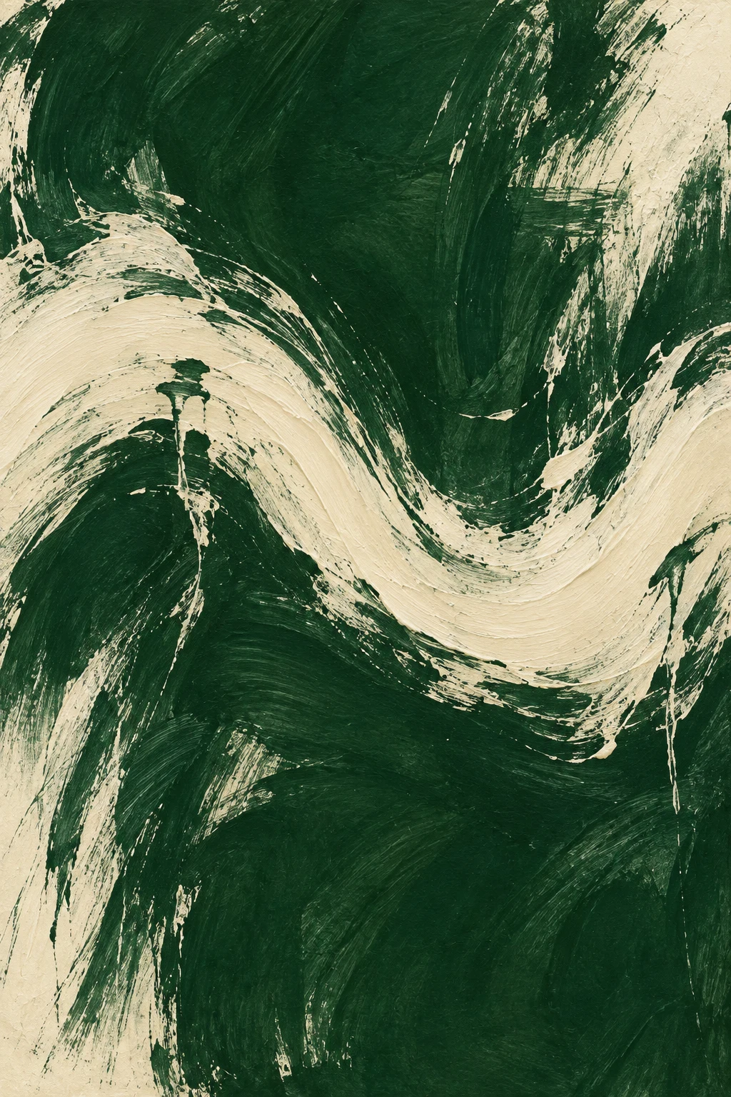 A slow wave line across the middle in forest green, cream, olive, stone; portrait artwork.