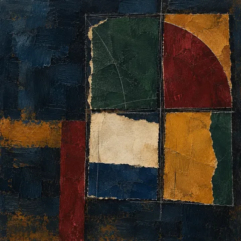 A window of four uneven panes in black, ochre, burgundy, brown; square artwork.