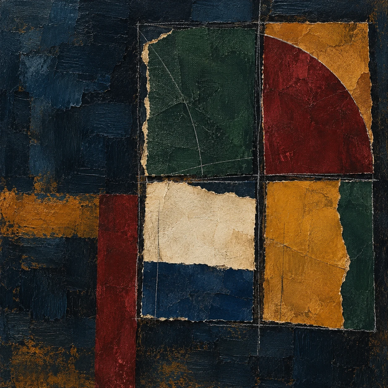 A window of four uneven panes in black, ochre, burgundy, brown; square artwork.