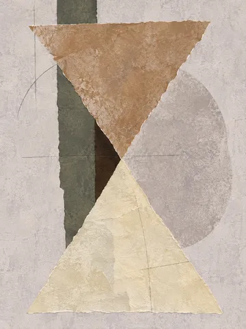 An hourglass of two soft triangles in stone, cream, sage, olive; portrait artwork.