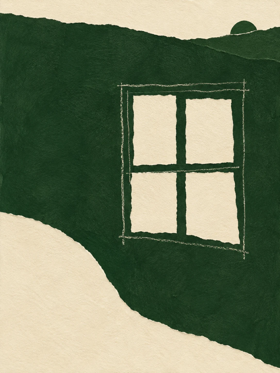 A window of four uneven panes in forest green, cream, charcoal; portrait artwork.