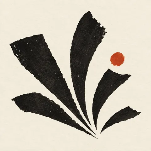 A fan of tapering strokes in white, black, sand; square artwork.