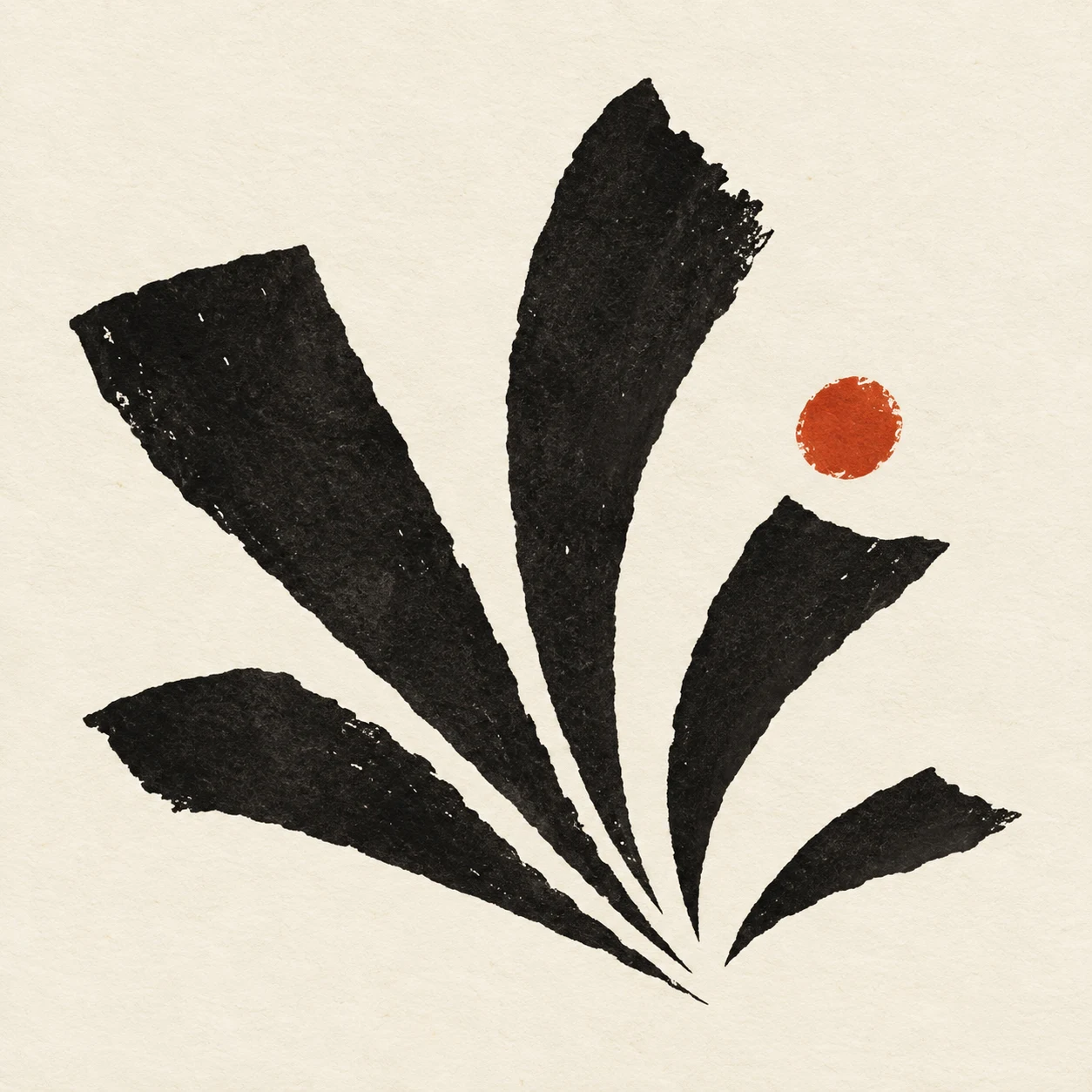 A fan of tapering strokes in white, black, sand; square artwork.