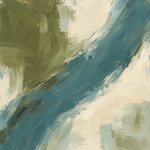 A single wide brushstroke crossing the field diagonally in olive, blue, cream, stone; square artwork.