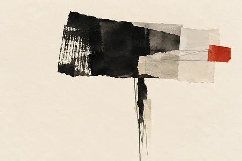 One heavy block balanced on a thin stem in cream, black, white, sand; landscape artwork.