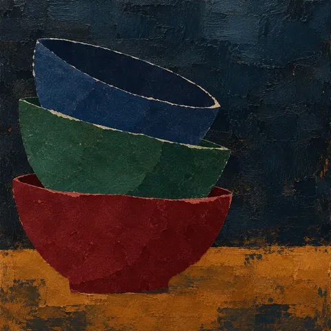 Three stacked bowls drawn as flat shapes in black, brown, burgundy, charcoal; square artwork.