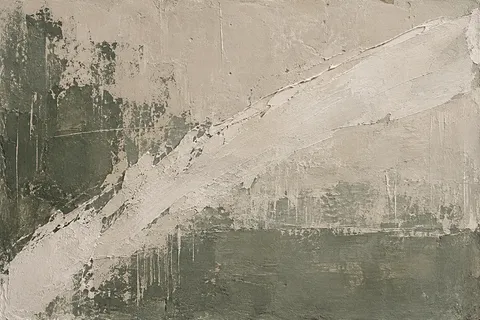 One long confident sweep from lower left to upper right in stone, olive, taupe, gray; landscape artwork.