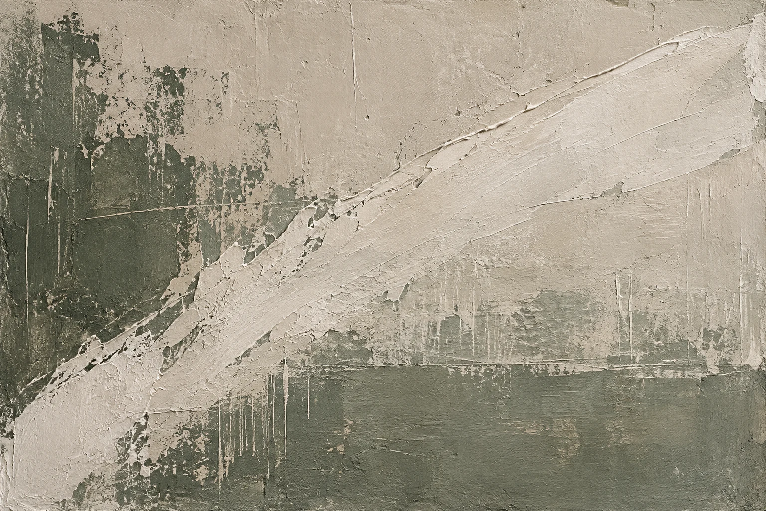 One long confident sweep from lower left to upper right in stone, olive, taupe, gray; landscape artwork.