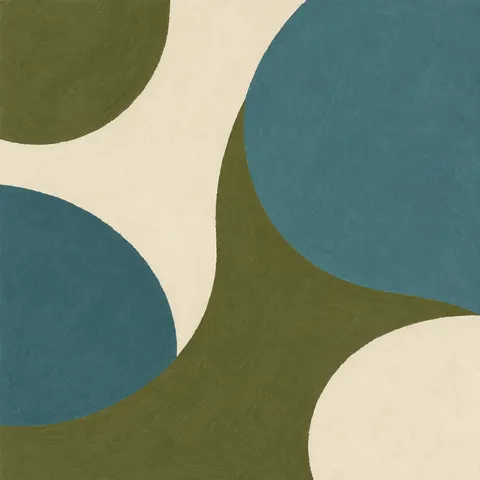 Scattered crescents of different weights in teal, olive, cream; square artwork.