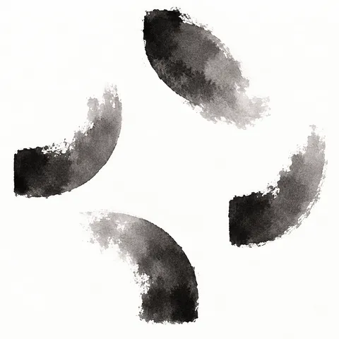 Four quarter-circles turned different ways in white, charcoal; square artwork.