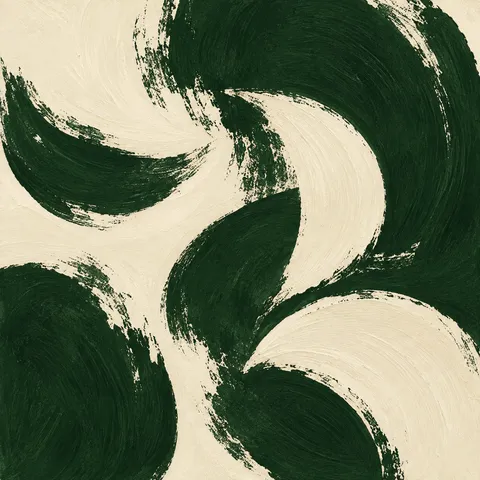 Scattered crescents of different weights in black, cream, forest green, olive; square artwork.