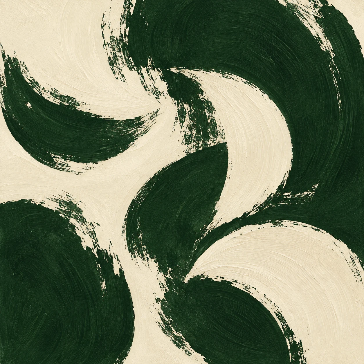 Scattered crescents of different weights in black, cream, forest green, olive; square artwork.