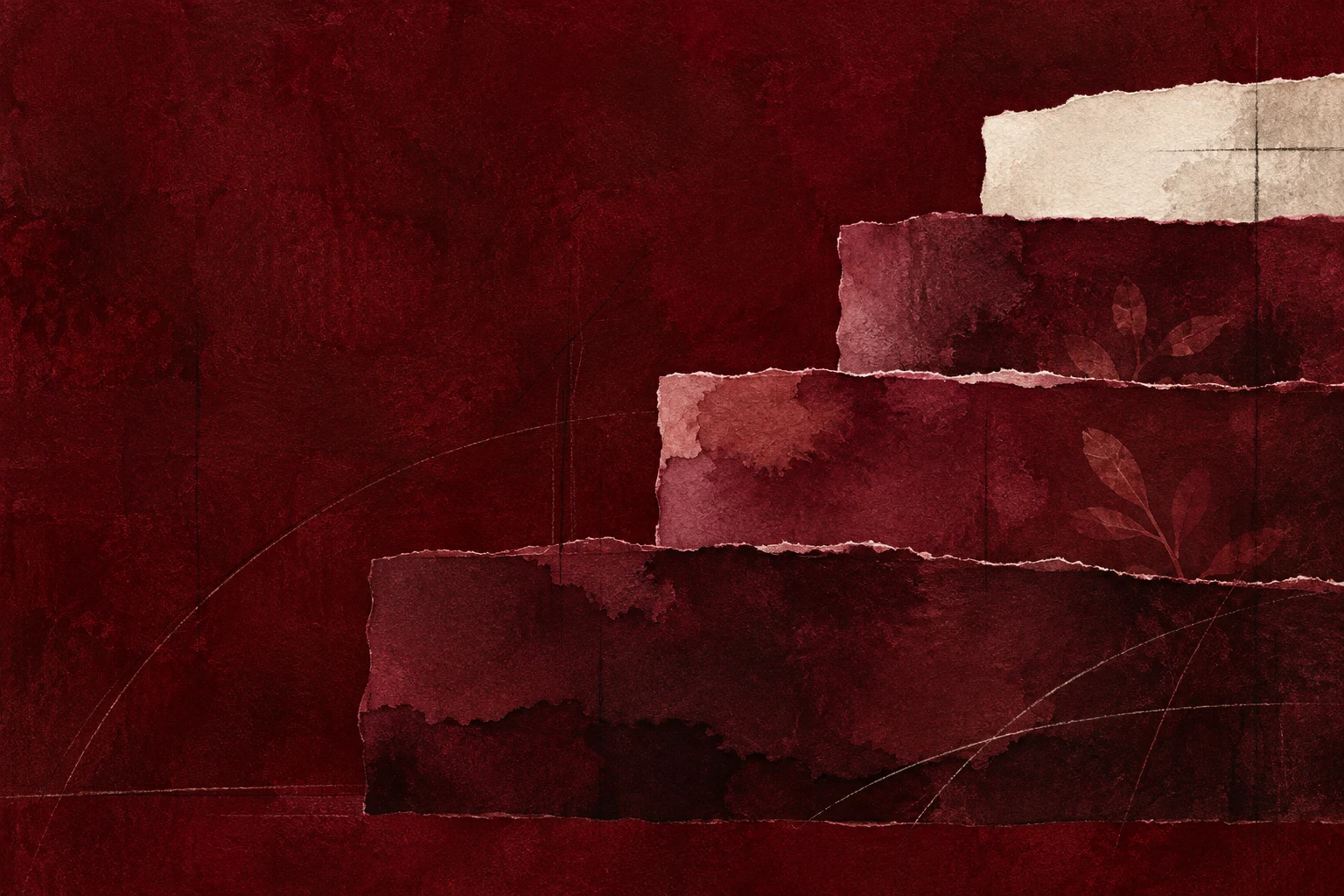 A stepped form like a quiet staircase in black, burgundy, rust; landscape artwork.
