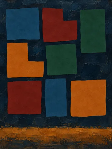 A loose grid of soft squares with one missing in black, rust, terracotta, navy; portrait artwork.