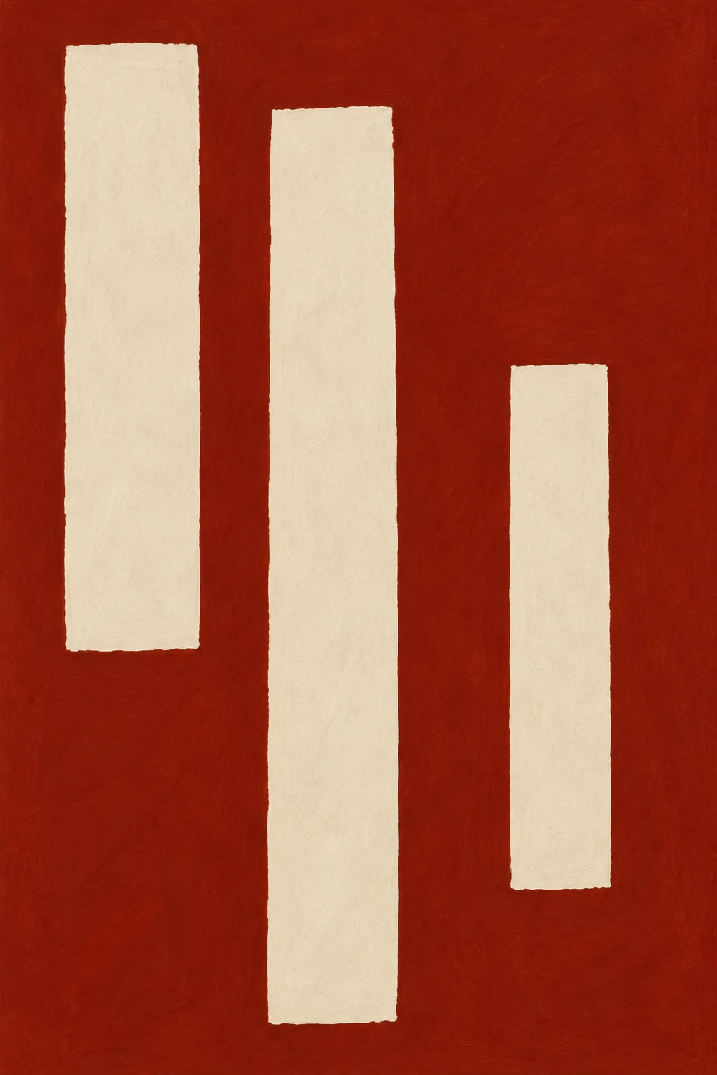 Three vertical bars of unequal height in rust, cream, terracotta; portrait artwork.