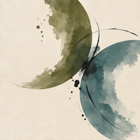 Interlocking half-moons in cream, gray, brown; square artwork.