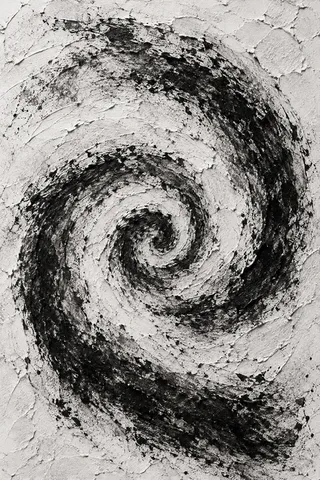 A spiral drawn in one breath in cream, charcoal, stone, black; portrait artwork.