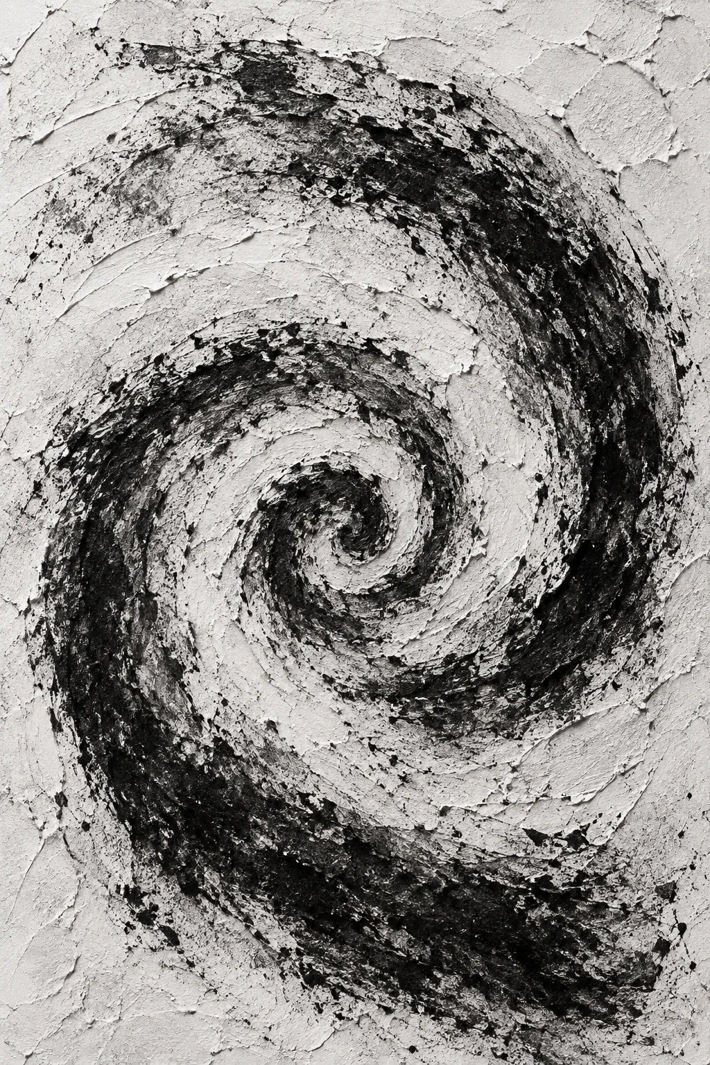 A spiral drawn in one breath in cream, charcoal, stone, black; portrait artwork.