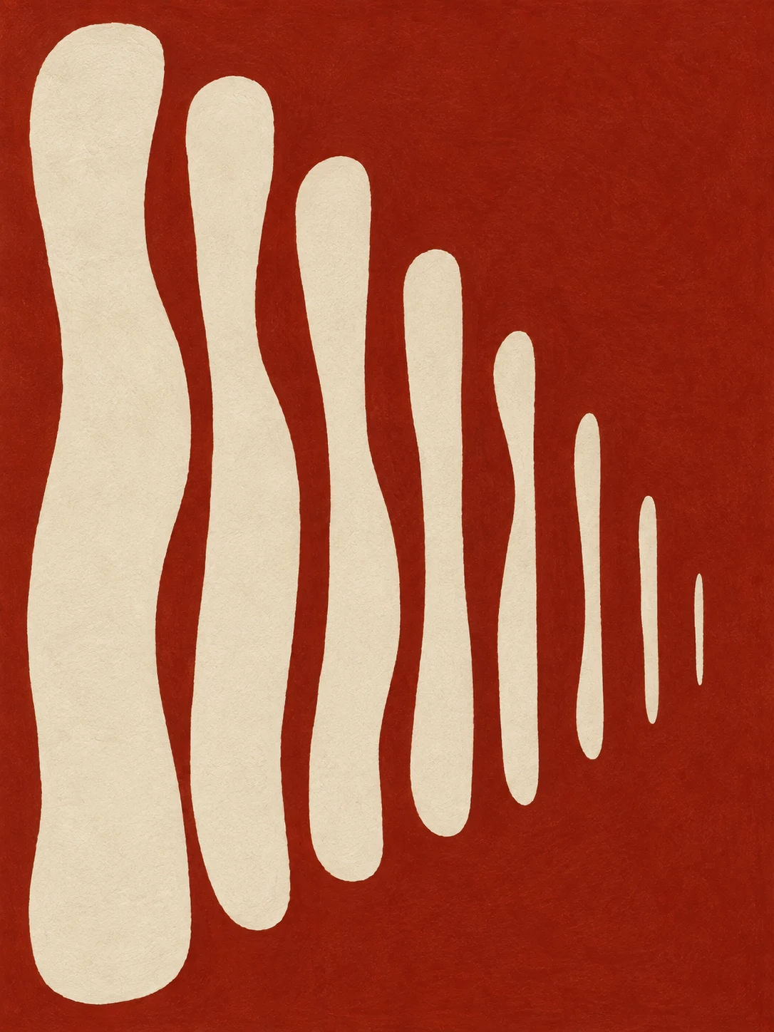 A comb of vertical strokes fading to the right in rust, cream, blush; portrait artwork.