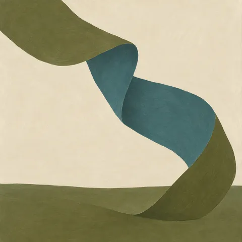 A ribbon shape folding back on itself in cream, olive, green; square artwork.