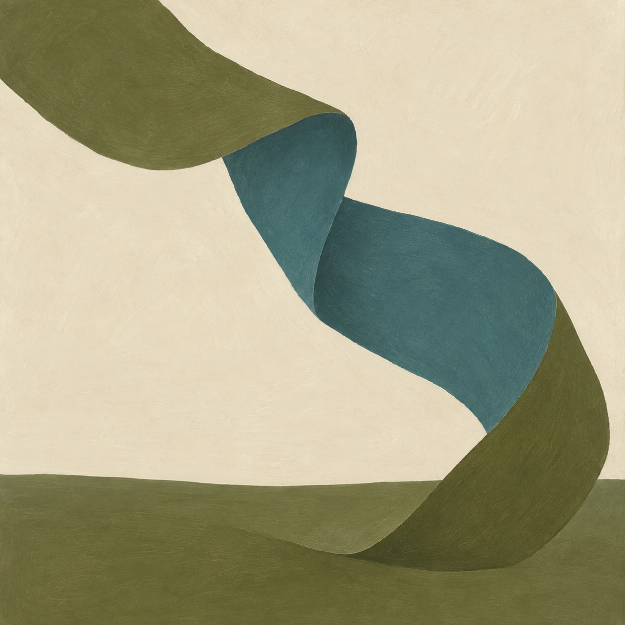 A ribbon shape folding back on itself in cream, olive, green; square artwork.