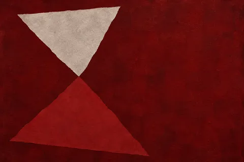 An hourglass of two soft triangles in burgundy, terracotta; landscape artwork.