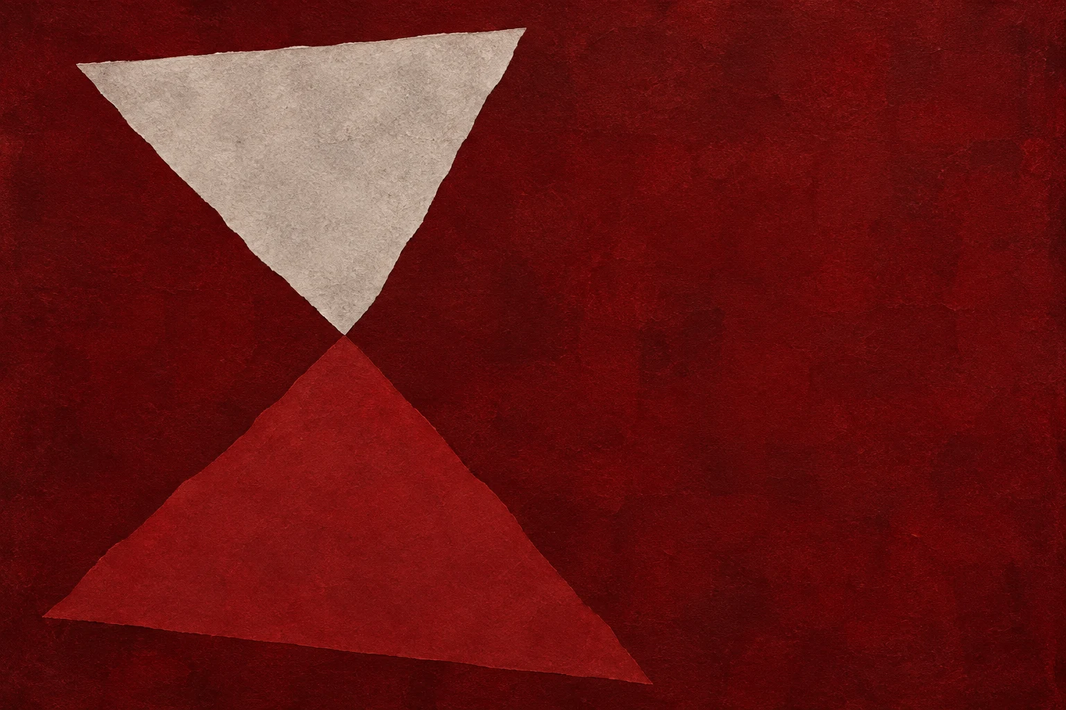 An hourglass of two soft triangles in burgundy, terracotta; landscape artwork.