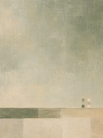 A quiet grid of nine soft squares in stone, cream, sand, sage; portrait artwork.