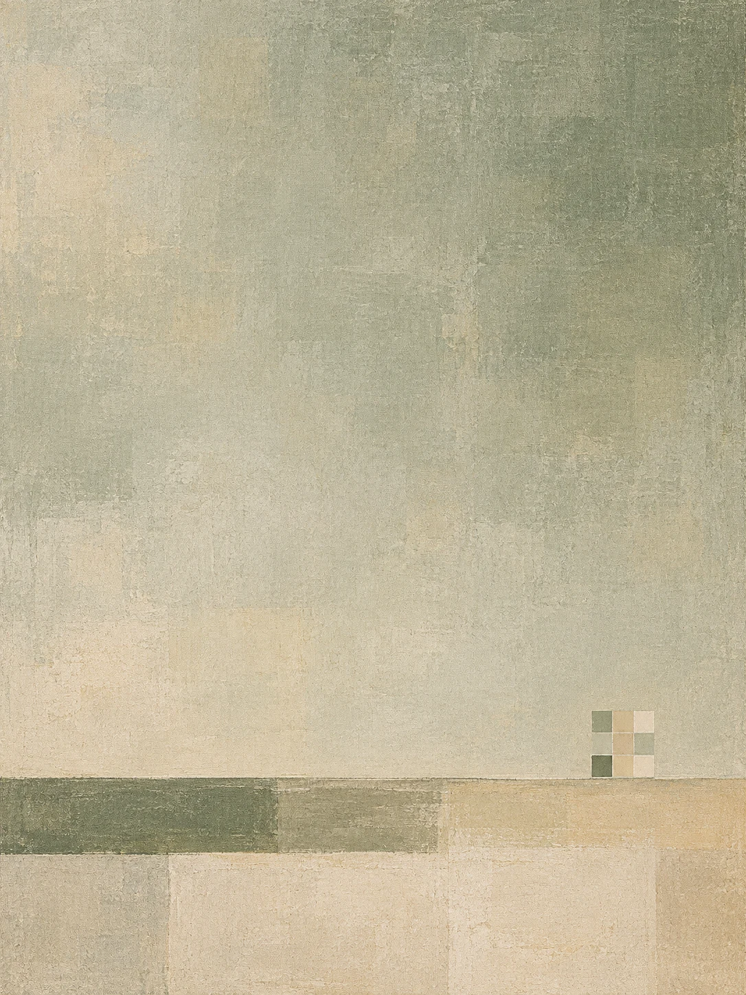 A quiet grid of nine soft squares in stone, cream, sand, sage; portrait artwork.