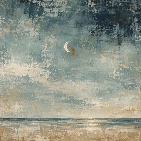 Interlocking half-moons in gray, stone, charcoal, sand; square artwork.