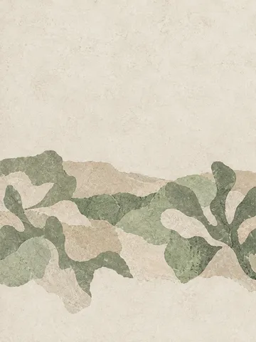 One heavy impasto band across the lower third in cream, stone, sage; portrait artwork.