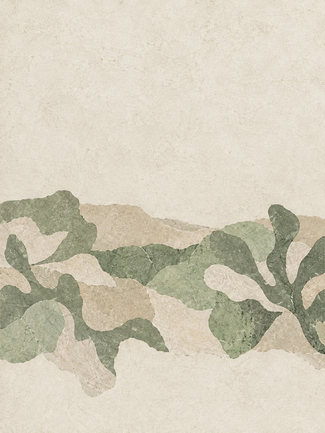 One heavy impasto band across the lower third in cream, stone, sage; portrait artwork.