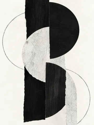 Interlocking half-moons in white, black, cream; portrait artwork.