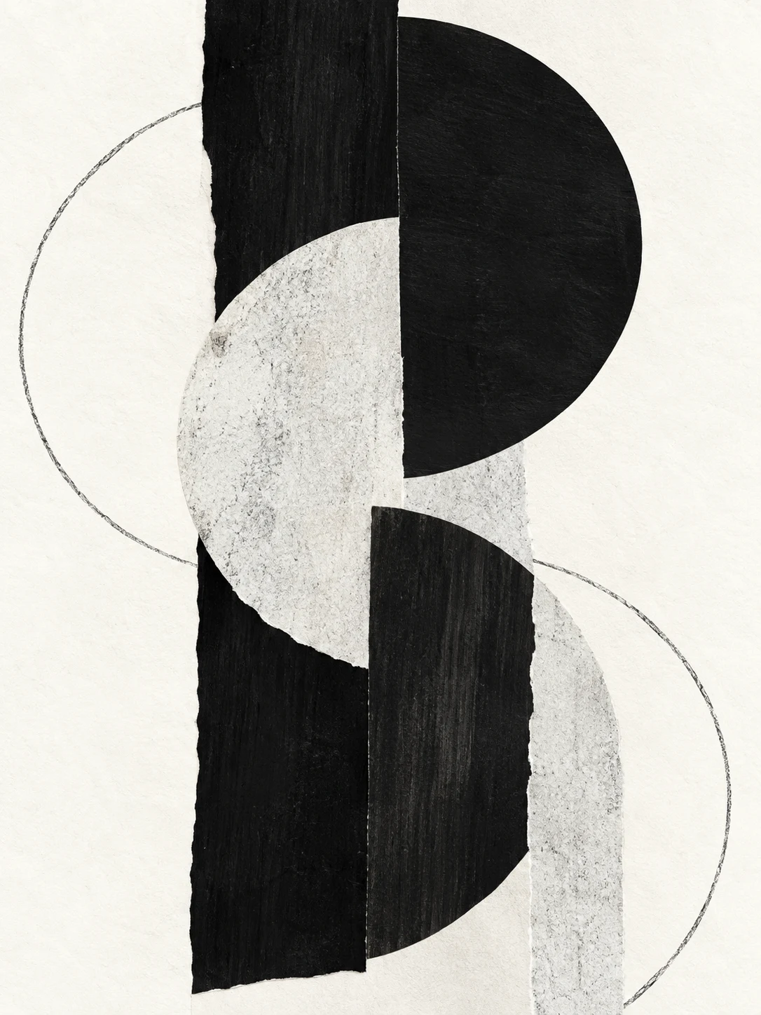 Interlocking half-moons in white, black, cream; portrait artwork.