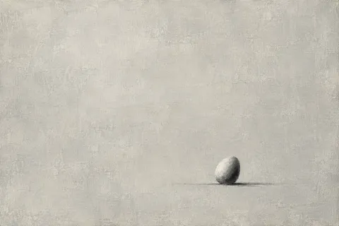 An egg shape resting on a line in stone, cream; landscape artwork.