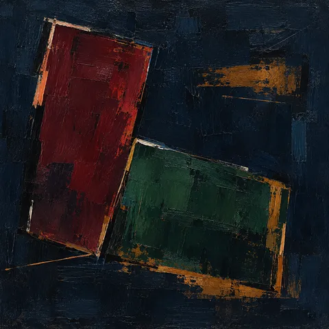 Two leaning rectangles touching at a corner in black, charcoal; square artwork.