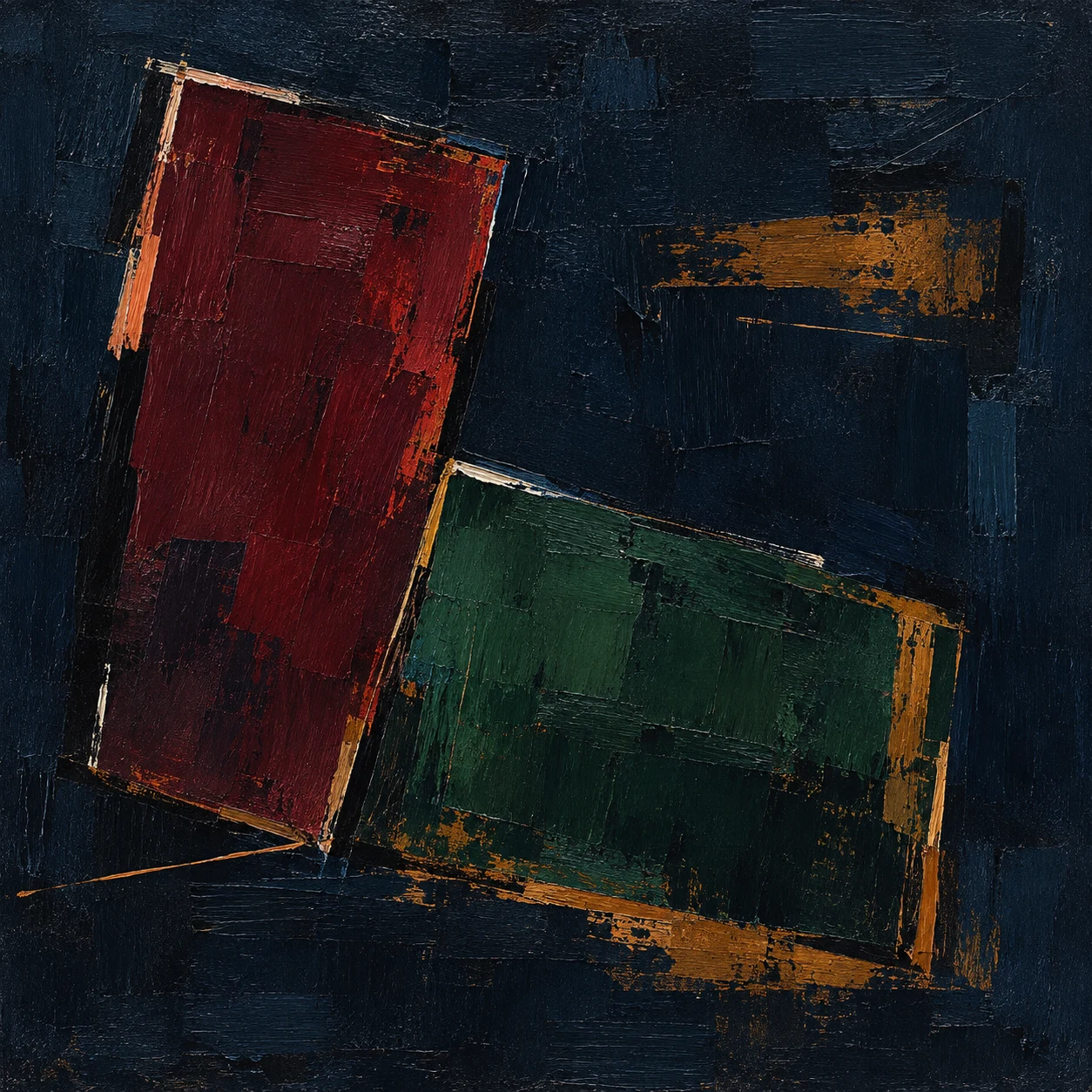 Two leaning rectangles touching at a corner in black, charcoal; square artwork.