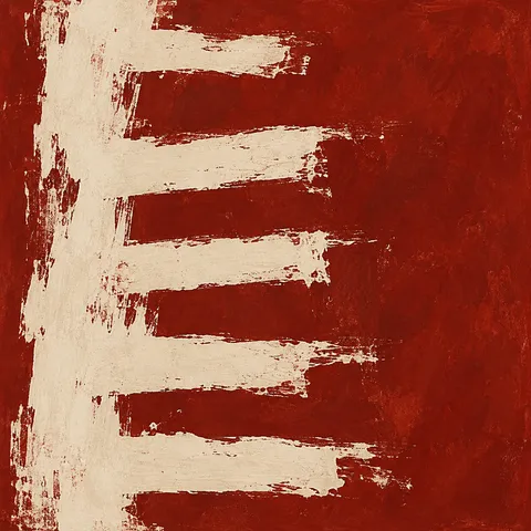 A ladder of short horizontal strokes in rust, cream, burgundy, ochre; square artwork.