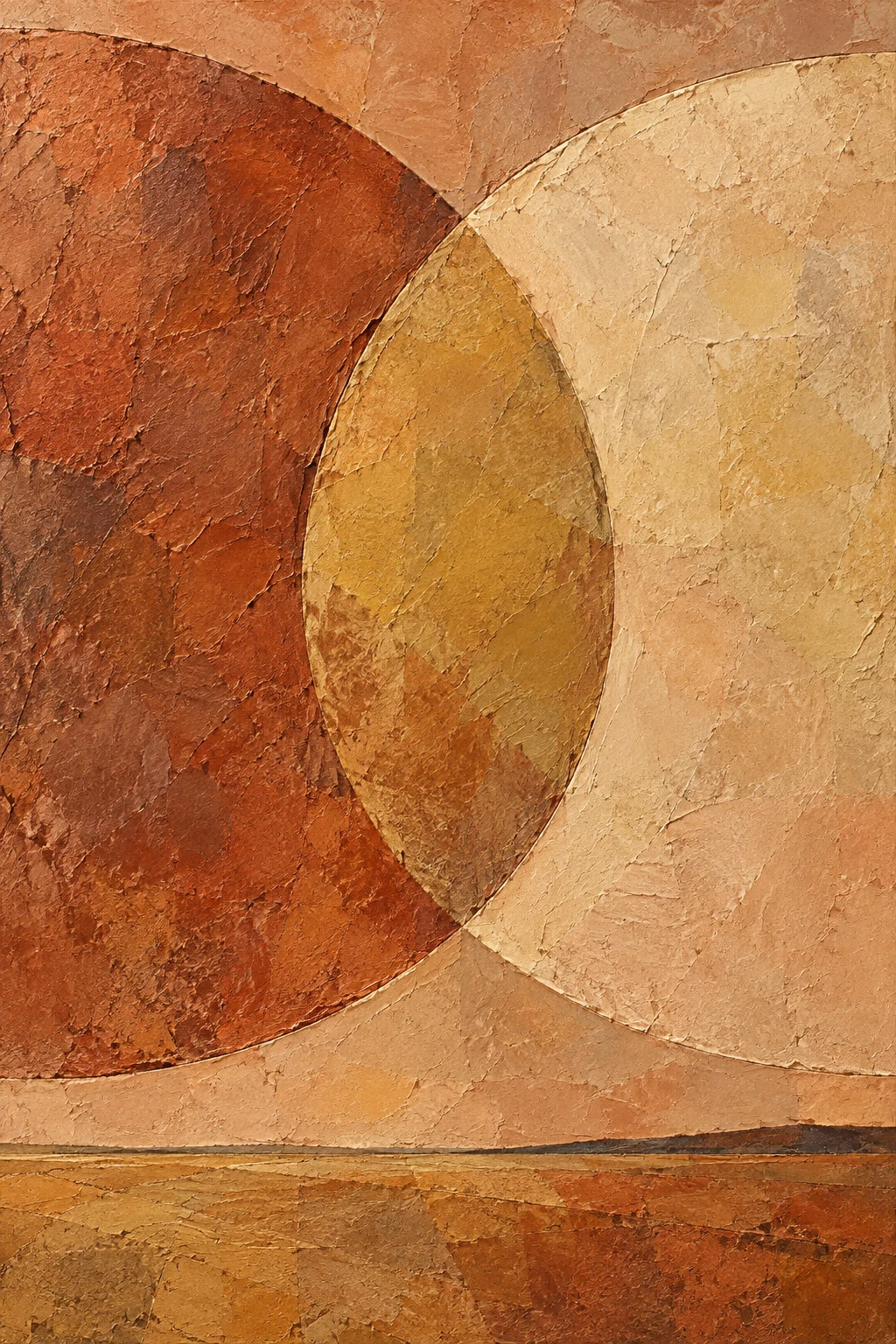 Two overlapping arcs that almost close into a circle in terracotta, ochre, blush, rust; portrait artwork.