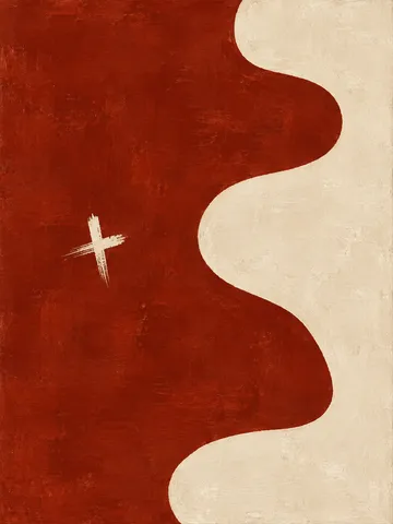 A tilted cross of two brush marks in rust, cream; portrait artwork.