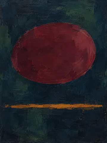 One large oval floating above a thin line in black, burgundy, charcoal; portrait artwork.