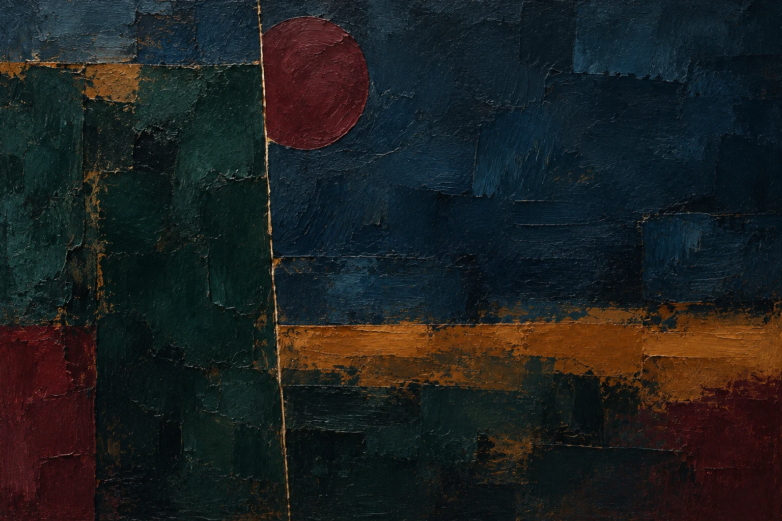 A single vertical scored line, slightly off-vertical in black, burgundy; landscape artwork.