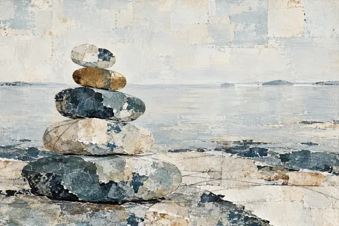 Stacked rounded stones of uneven size in cream, stone, gray, charcoal; landscape artwork.