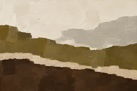 A torn-paper horizon in three bands in cream, sand, brown, burgundy; landscape artwork.
