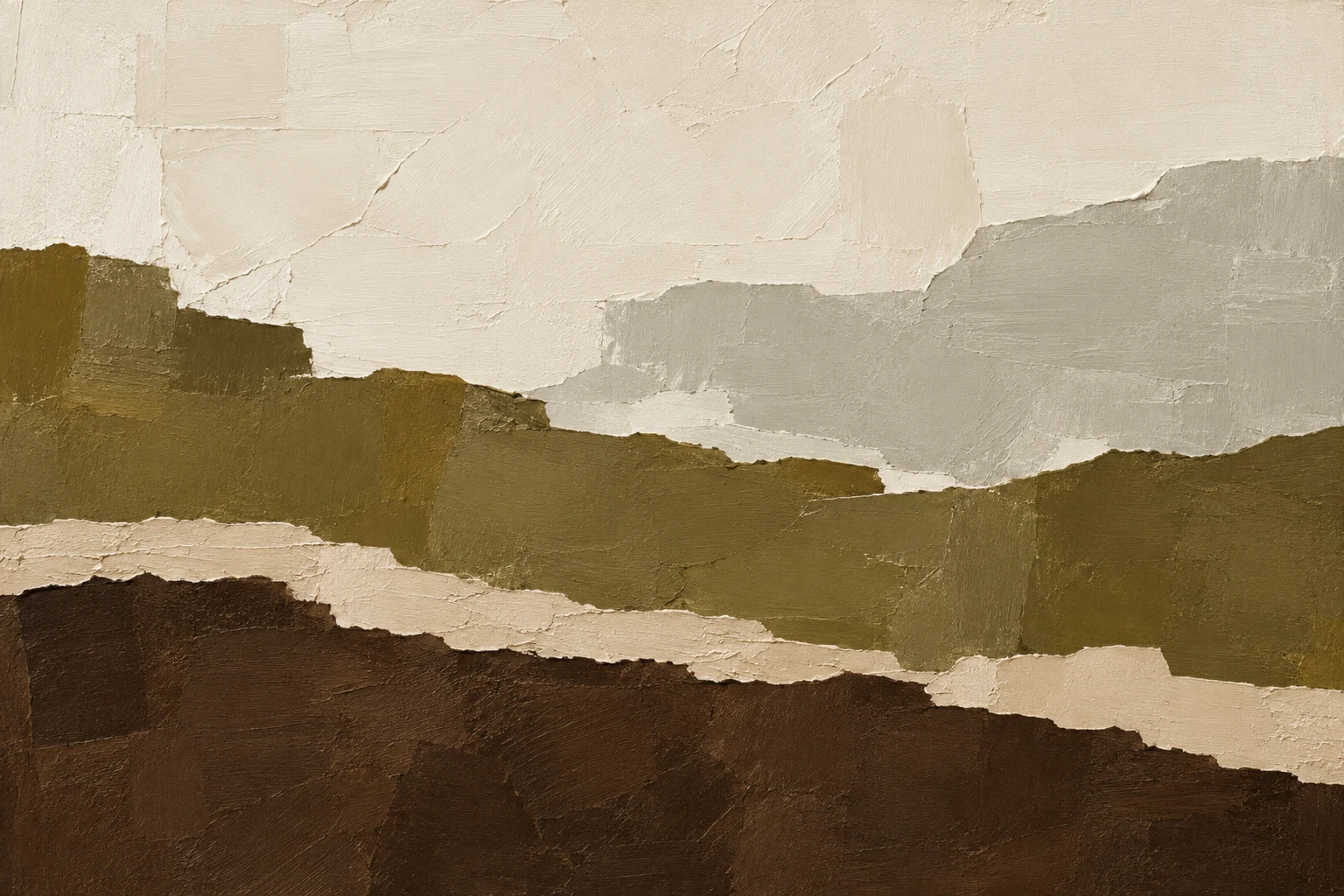 A torn-paper horizon in three bands in cream, sand, brown, burgundy; landscape artwork.