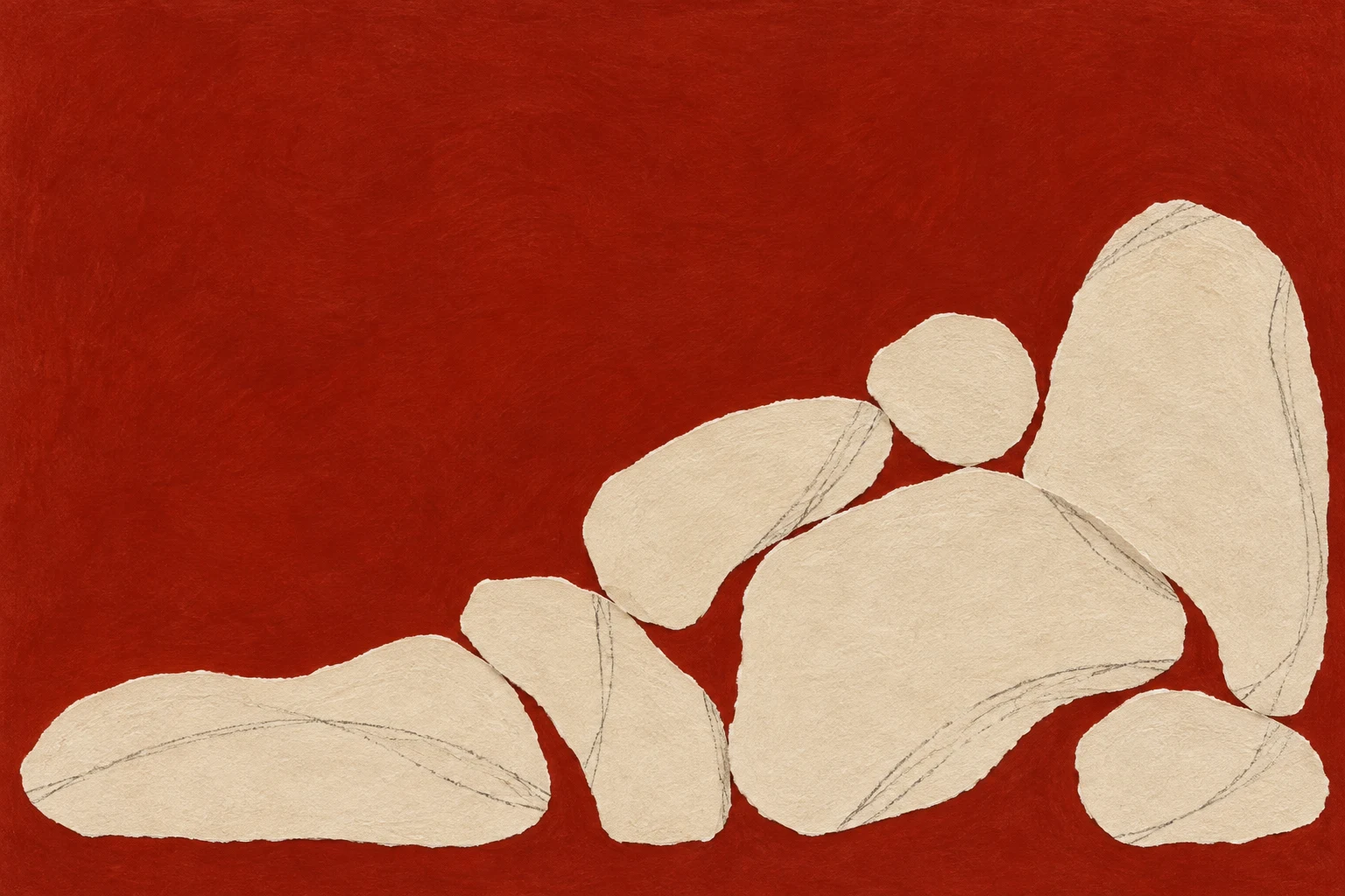 A cluster of pebble shapes gathered in one corner in rust, cream, ochre; landscape artwork.