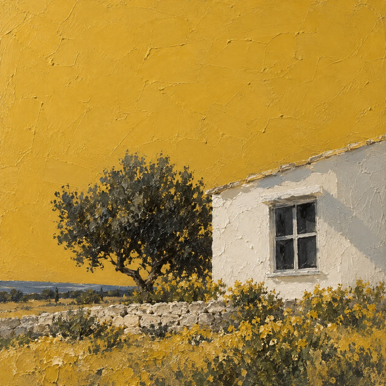 White cottage with a dark four-pane window beside a leafy tree, low stone wall and yellow flowers beneath a mustard sky.