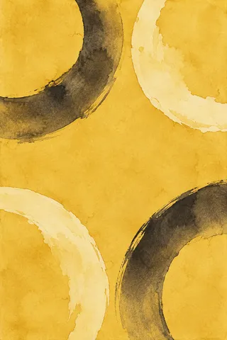 Four quarter-circles turned different ways in yellow, cream, brown, ochre; portrait artwork.