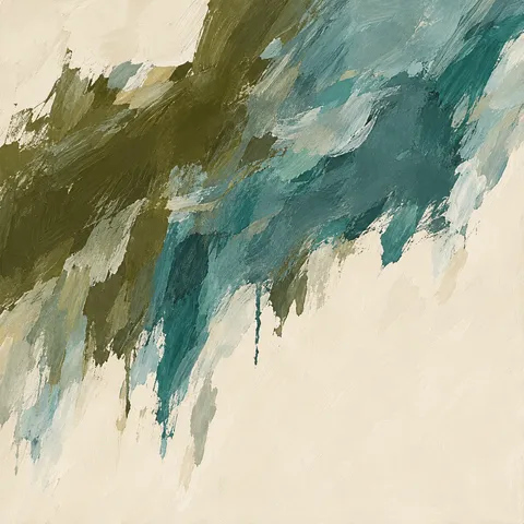A wide band with a frayed lower edge in cream, olive, brown, sage; square artwork.